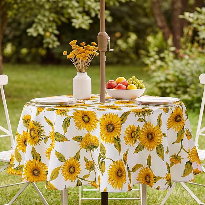 Lamberia 60" Round Patio Tablecloth with Umbrella Hole and Zipper, Waterproof Outdoor Table Cover for Patio, Backyard, BBQ, Picnic & Indoor Dining, Washable Polyester Circular Tablecloth