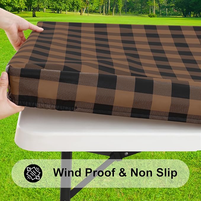 Smiry Rectangle Picnic Table Cloth, Elastic Waterproof Fitted Vinyl Tablecloths, Flannel Backed Buffalo Plaid Table Covers for Dining, Camping, Outdoor (Black and Brown, 30" x 48")