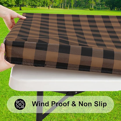 Smiry Rectangle Picnic Table Cloth, Elastic Waterproof Fitted Vinyl Tablecloths, Flannel Backed Buffalo Plaid Table Covers for Dining, Camping, Outdoor (Black and Brown, 30" x 48")