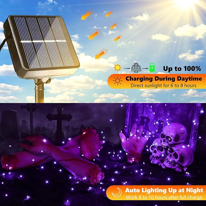 Joomer Purple Halloween Solar String Lights - 2 Pack Total 80FT 240LED | Solar Fairy Lights, Waterproof Outdoor Twinkle Lights with 8 Modes for Garden, Porch, Trees, Halloween Decor (Black Wire)