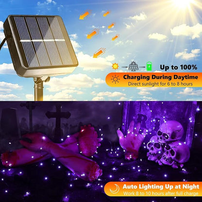 Joomer Purple Halloween Solar String Lights - 2 Pack Total 80FT 240LED | Solar Fairy Lights, Waterproof Outdoor Twinkle Lights with 8 Modes for Garden, Porch, Trees, Halloween Decor (Black Wire)