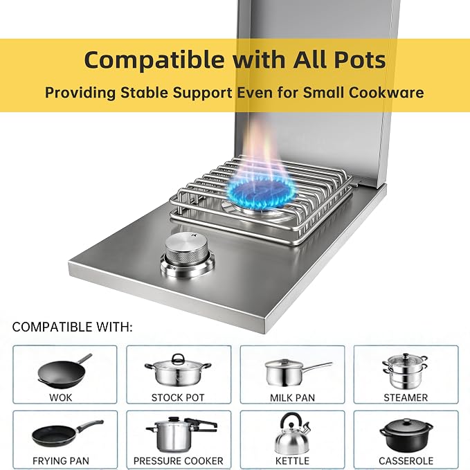 Single Side Burners-LP | Heavy-Duty 304 Stainless Steel Drop-In Side Burner, 15,000 BTU Propane & Natural Gas Burner for BBQ Island Outdoor Kitchen