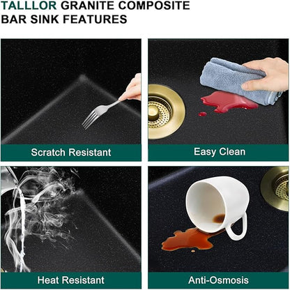 15 Inch Undermount Bar Sink - Matte Black Granite Composite Workstation Single Bowl Small Prep Wet Sink with All-In One Gold Accessories & Cutting Board for RV, Kitchen Bar, and Boat #TLGU-147