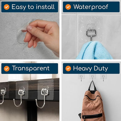 Adhesive Wall Hooks for Hanging, Heavy Duty No Drill, 22 lbs, 12 Pack | GLUIT Adhesive Wall Hooks for Hanging, Transparent Waterproof Sticky Towel Hook for Bathroom Kitchen Home Outdoor