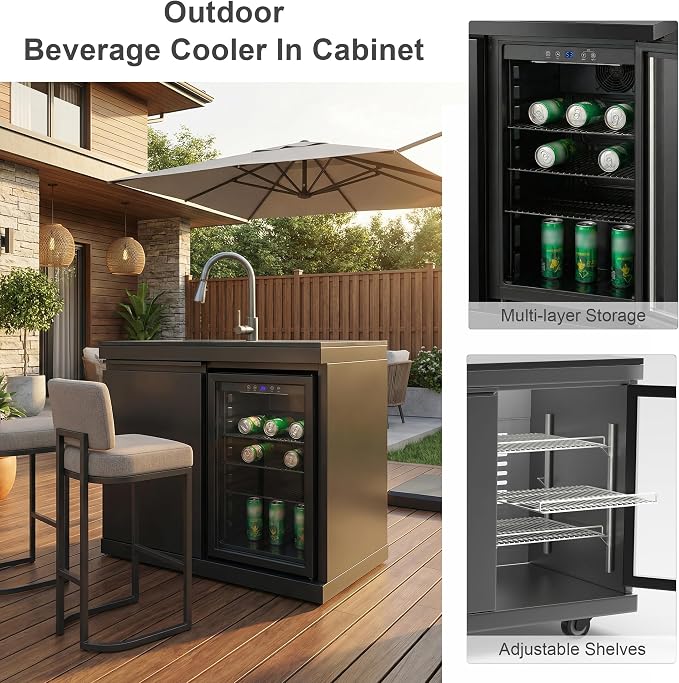 84 Inch Outdoor Kitchen Island, 6 Burner 75300 BTU Deluxe Stainless Steel Gas Grill Bar Island with Stainless steel Sink Wine Cooler Refrigerator, Granite Countertops, Rotisserie kit (Black)