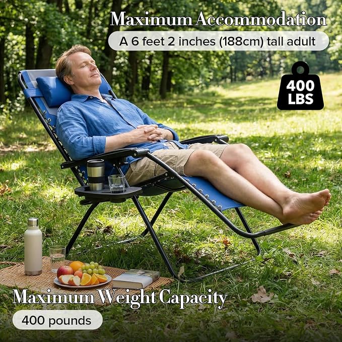 NEWBULIG Padded Zero Gravity Chair, Folding Lounge Chair Outdoor, Blue | Foldable Beach Camping Recliner Chair with Adjustable Pillow and Trays for Poolside Lawn Patio