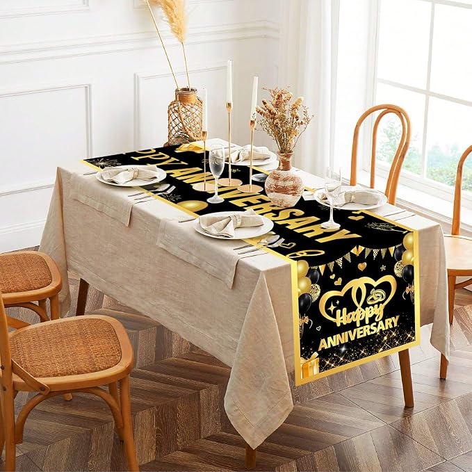 Black Golden Wedding Anniversary Table Runner 72 x 13 Inches | Happy Wedding Anniversary Decor, Linen Fabric, Washable Reusable Table Cover, Indoor Outdoor, Kitchen, Dining Table Decor