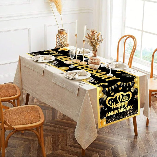 Black Golden Wedding Anniversary Table Runner 72 x 13 Inches | Happy Wedding Anniversary Decor, Linen Fabric, Washable Reusable Table Cover, Indoor Outdoor, Kitchen, Dining Table Decor