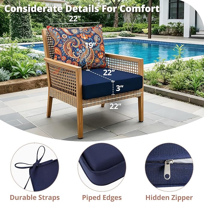 Outdoor Chair Cushion Patio Furniture Seat & Back Pillow 22 x 22 Inch Red | Rain-Proof Cover Removable Replacement with Ties for Wicker Sofa Couch Sunbrella Outside Floral