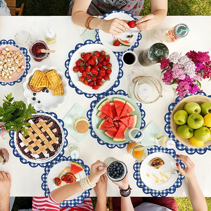 100Pcs Checkered Paper Placemats Dark Blue Gingham Place Mats 13.5 Inch Disposable Round Decorative Dining Table Mat with Scalloped Edge Paper Cutouts Decor for Summer Picnic BBQ Table Party Supplies