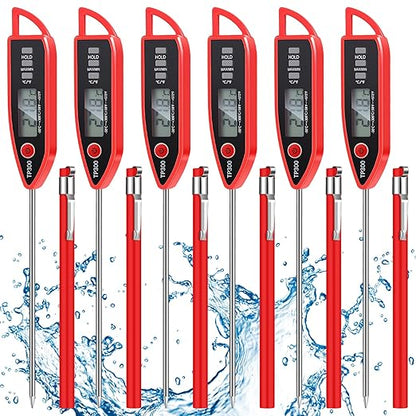 Copkim 6 Set Waterproof Food Thermometer for Water, Liquid, Candle and Cooking Digital Meat Thermometer with Long Probe Instant Read for Kitchen BBQ Grill Candy (Red)