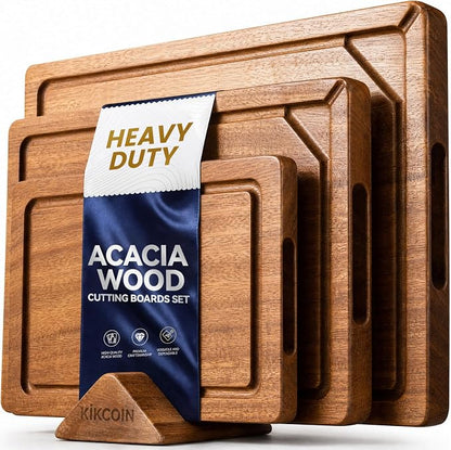 Kikcoin Acacia Wood Cutting Board Set of 3, Wooden Cutting Boards for Kitchen with Deep Juice Grooves, Butcher Block Wooden Chopping Board for Meat, Large Solid Charcuterie Boards Serving Tray