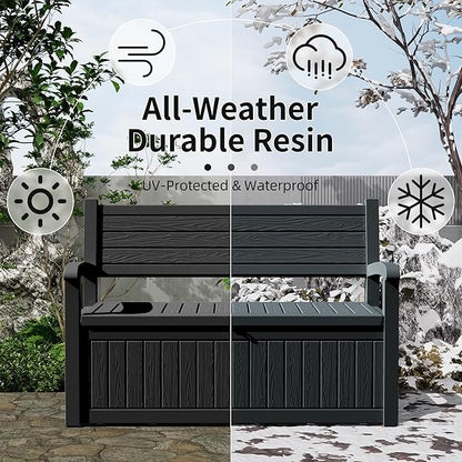 PatioZen 80 Gallon Outdoor Storage Bench Deck Box Waterproof Lockable,Outdoor Storage Furniture for Patio,Garden and Porch,Tools and Cushions（ Black Stripe）
