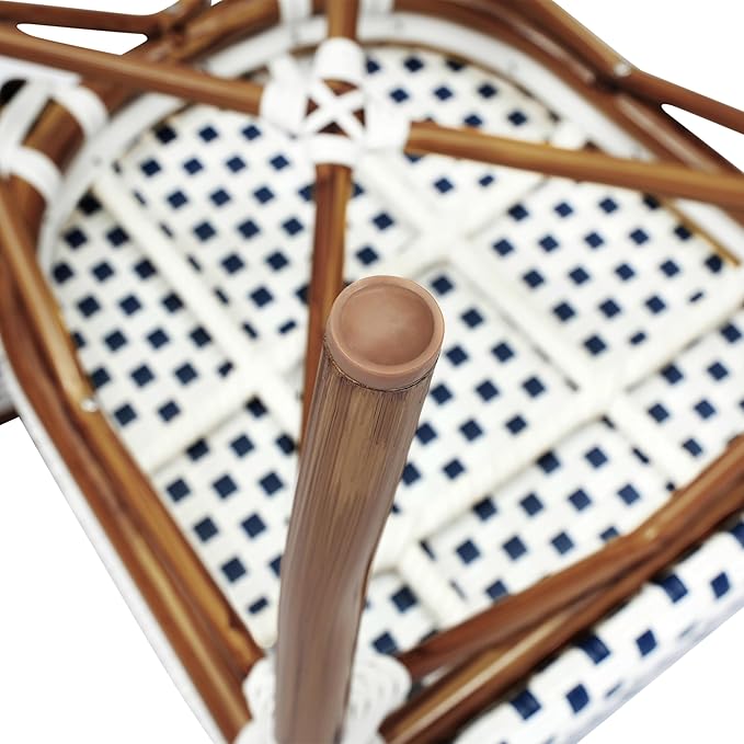 Flash Furniture Lourdes Indoor/Outdoor Commercial Thonet Bistro Stack Chair - White/Navy PE Rattan Back and Seat - Natural Bamboo Print Metal Frame - Set of 2