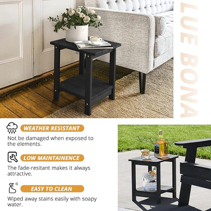 LUE BONA Outdoor Side Table, 2-Tier HDPS Small Patio Table, Black | 2-Tier Shelf for Extra Storage, Small End Table for Pool, Porch, Balcony, Weather Resistant HDPS, Easy Clean