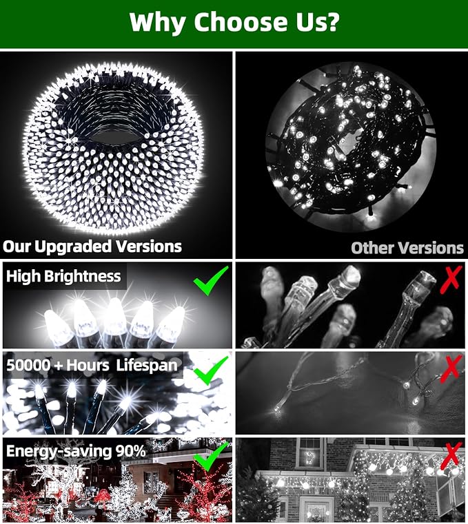 QUHUATU 750 LED 240FT Christmas String Lights, 12 Modes, Cool White | Waterproof Plug-in LED String Lights with Timer, Memory & Dimming for Trees Fences Patios House Wedding Holiday Christmas