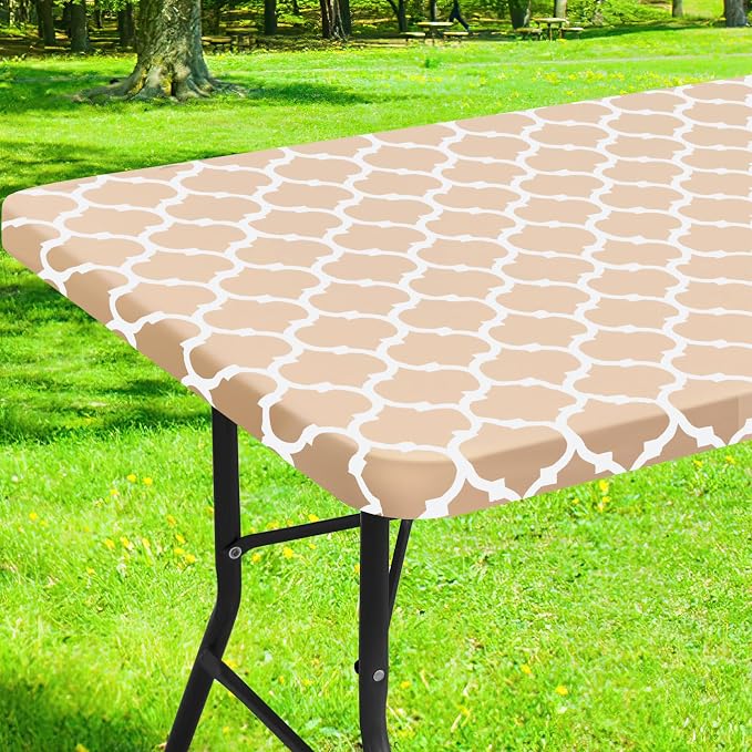 Smiry Picnic Fitted Table Cover, 6 Foot Flannel Backed Vinyl Tablecloth | Waterproof Elastic Stretch Table Cloth, Wipeable Plastic Tablecloth for Camping, Indoor & Outdoor (Khaki, 36" x 72")