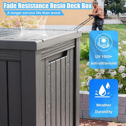 PatioZen 200 Gallon Deck Box,Resin Outdoor Storage Box with Lockable for Patio Furniture, Pool Accessories, Garden Tools Waterproof Outside Storage Box (Grey)