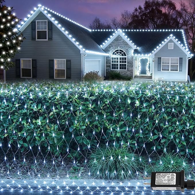 QITONG Net Lights Outdoor Mesh Lights, 12ft x 5ft 360 LED White Christmas Light with 8 Modes, Connectable Clear Wire Bush Light Plug in