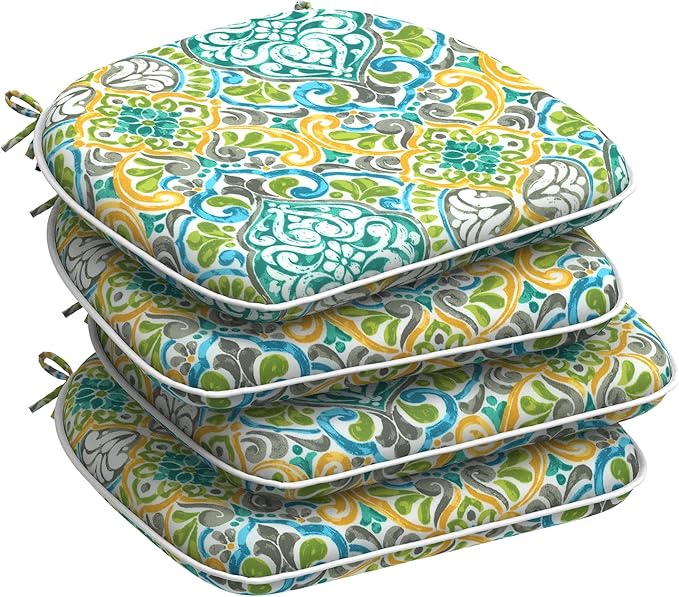 DYTXIII Set of 4 Outdoor Chair Cushions with Ties,Water Repellent Patio Chair Pads 17"x 16" for Outdoor Furniture,Round Corner Seat Cushions for Garden Yard Kitchen Damask Green