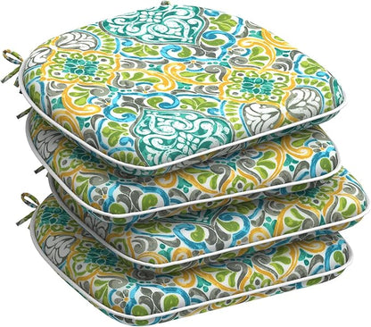 DYTXIII Set of 4 Outdoor Chair Cushions with Ties,Water Repellent Patio Chair Pads 17"x 16" for Outdoor Furniture,Round Corner Seat Cushions for Garden Yard Kitchen Damask Green