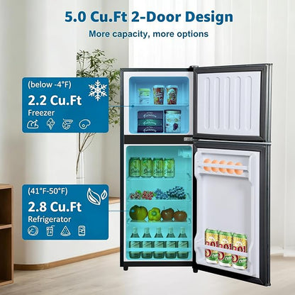 5.0 Cu. Ft Dorm Fridge with Freezer 7-Level Adjustable Thermostat | Small Refrigerator with Adjustable Glass Shelves, Compact Mini Fridge 37 dB Low Noise for Kitchen, Dorm, Office, Black
