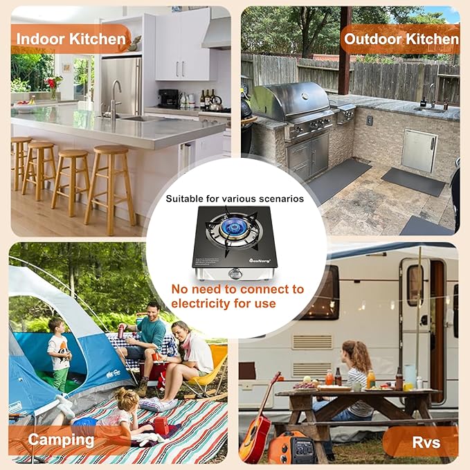 1 Burner Propane Gas Stove with Auto Ignition, 14500 BTU High-Efficiency Heavy-Duty Tempered Glass Cooktop, CSA Regulator & Hose Included, for Outdoor Camping Emergency