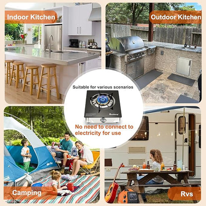 1 Burner Propane Gas Stove with Auto Ignition, 14500 BTU High-Efficiency Heavy-Duty Tempered Glass Cooktop, CSA Regulator & Hose Included, for Outdoor Camping Emergency