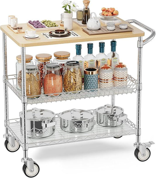 Rolling Kitchen Carts with Wheels, 3-Tier Utility Cart with Wood Tabletop | NSF Commercial Metal Serving Cart with Handle and Shelf Liner for Kitchen Snacks, 34"D x 17.5"W x 32.5"H,Chrome