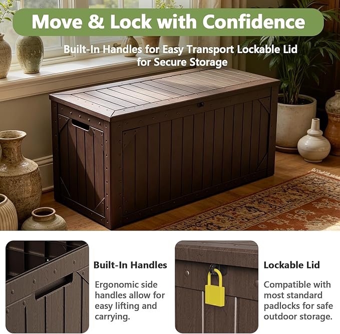 Outdoor Storage Box, 95 Gallon Deck Box Outdoor Storage Bench, Outside Waterproof Resin Storage Bench, Lockable Patio Cushions, Garden Tools Storage for Furniture, UV Resistant (Brown)