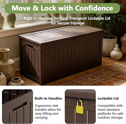 Outdoor Storage Box, 95 Gallon Deck Box Outdoor Storage Bench, Outside Waterproof Resin Storage Bench, Lockable Patio Cushions, Garden Tools Storage for Furniture, UV Resistant (Brown)