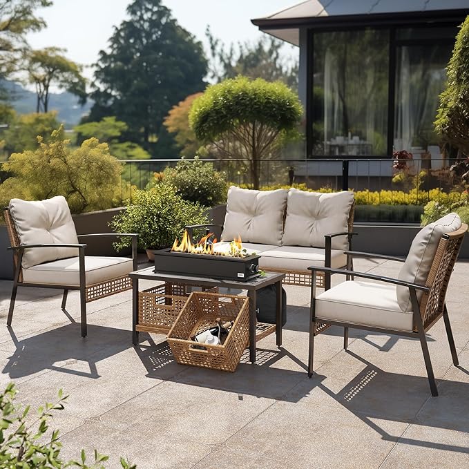 Onlyfire Loom X Propane Fire Pit Table with Stainless Steel Burner and Decorative Fire Glass Beads - 28 Inch Rectangular Tabletop Gas Fireplace (Side Connected)