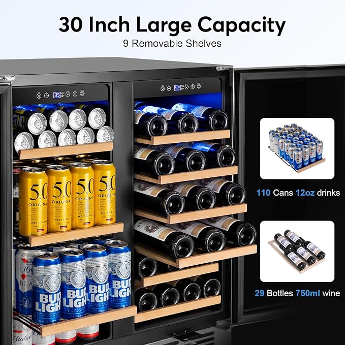 30" Dual Zone Wine and Beverage Refrigerator, Under Counter or Freestanding | 29-Bottle 110-Can capacity, Fast cooling, Ideal for home bar office, Adjustable shelves, Temperature memory, LED display