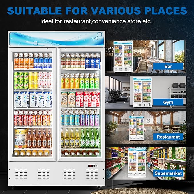 47.8'' W Commercial Beverage Refrigerators, 40 Cu.ft Glass Door Refrigerator Commercial Cooler with LED Light and 10 Shelves, Display Refrigerator for Restaurant Store Cafe Bar, White