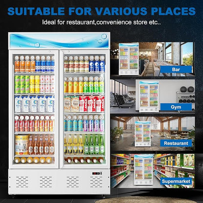 47.8'' W Commercial Beverage Refrigerators, 40 Cu.ft Glass Door Refrigerator Commercial Cooler with LED Light and 10 Shelves, Display Refrigerator for Restaurant Store Cafe Bar, White