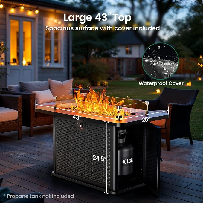 Ciays 43-Inch Rectangular Propane Fire Pit with 60,000 BTU Output, Outdoor Gas Fire Pit Table Premium for Outside Patio with 304 Stainless Steel H-Burner, Glass Stones, and Wind Guard