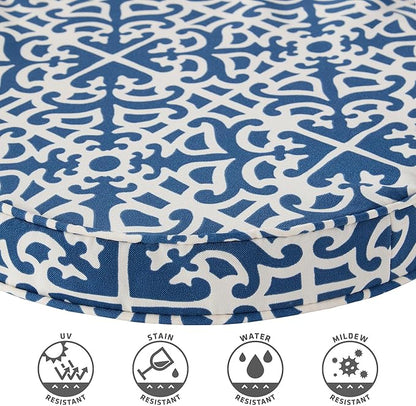 Set of 2 Outdoor 18 inch Round Patio Dining Chair Pads – Comfortable Fiber-Filled Seat Cushions with Ties, Reversible Polyester Fabric - Indigo Blue Lattice