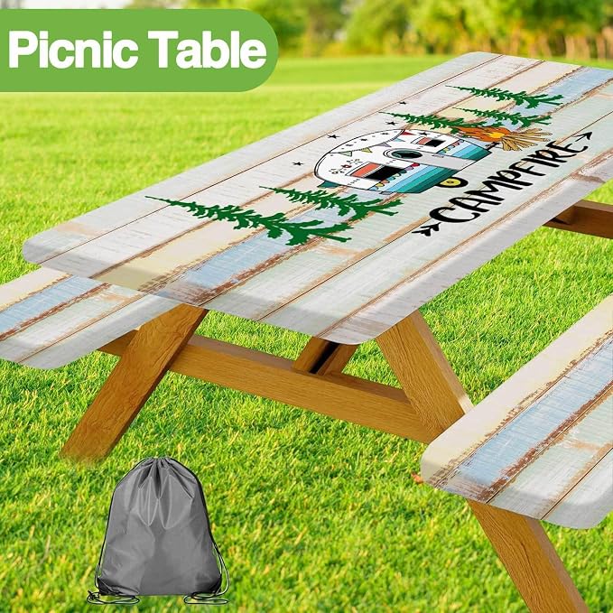 JAWO Rustic Camper Picnic Table Cover with Bench Covers, Flowes Boho Floral Camping RV Essentials Gear Supplies Outdoor Waterproof Windproof Tablecloth with Elastic, 96in