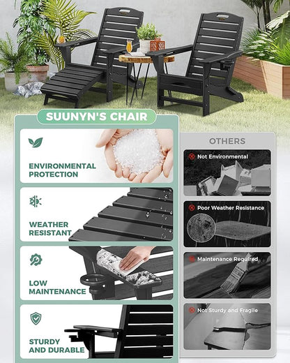 Folding Adirondack Chairs Set of 2,Adirondack Chair with Retractable Ottoman,Plastic Adirondack Chairs with 2 Cup Holder,Weather Resistant Patio Chair,Outdoor Chairs Set of 2(Black)