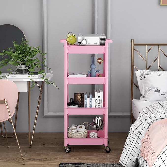 STEEHOOM Utility cart with Tabletop 4 Tier Rolling Cart Organizer with Wheels Movable Storage Cart for Office, Living Room, Kitchen, Craft Room, Pink
