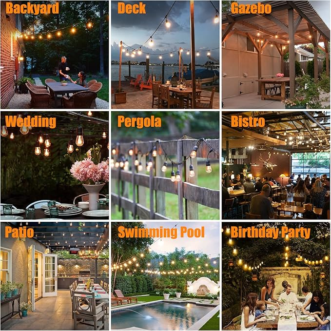 Achin Outdoor String Lights 48FT Dimmable Warm 2200K LED Patio Lights Outdoor Waterproof with 16 Plastic Bulbs Shatterproof String Lights for Outside Deck Gazebo Bistro Lights