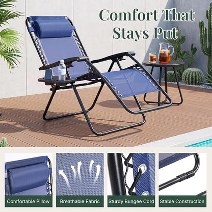 Zero Gravity Chairs Set of 2, Outdoor Folding Lounge Chairs | Foldable Reclining Patio Lawn Chairs with Mesh Back, Adjustable Pillows and Cup Holder Trays, for Pool, Beach, Backyard