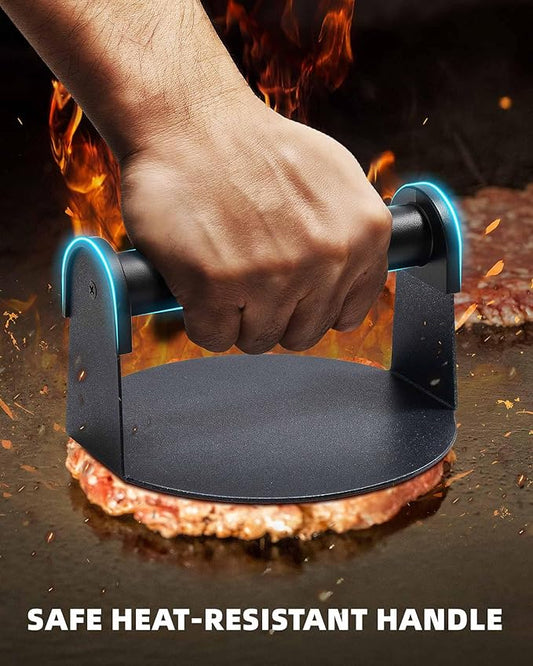 Bulado Burger Press, 6'' Round Burger Smasher for Griddle with Heat-Resistant Handle, Teflon-Coated Iron Non-Stick Hamburger Smasher Tool for Flat Top Griddle, Grill, BBQ, Cooking, Gift Package