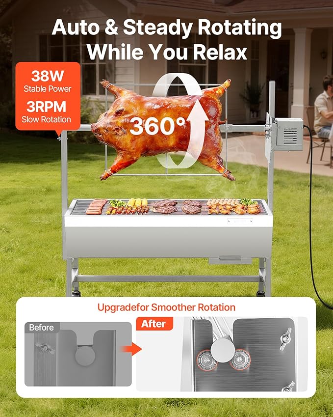 VEVOR Rotisserie Grill, 38W Stainless Steel BBQ Outdoor Pig & Lamb Spit Roaster, 132 LBS Capacity Charcoal Spit Roaster with Wheels & 7-Level Height, Electric Rotisserie Grill Kit for Camping Outdoor
