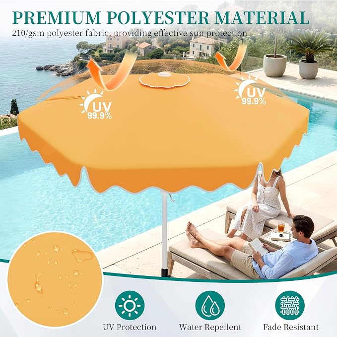 AreShark 7.5FT Outdoor Patio Umbrella with Wavy Trim (Mustard Yellow) | Market Table Umbrellas w/ 6 Sturdy Ribs, Crank & Tilt, White Pole, Pool Umbrella with UV-Fade Resistant Fabric, Heavy Frame