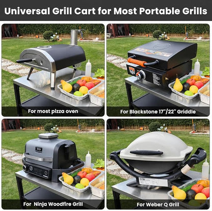 Hisencn 3-Tier Pizza Oven Table, Stainless Steel Outdoor Grill Prep Cart | 32x24 Inch Stainless Steel Grill Table for Pizza Ovens,Blackstone,Cuisinart,Portable Food Station with Hooks&Lockable Wheels