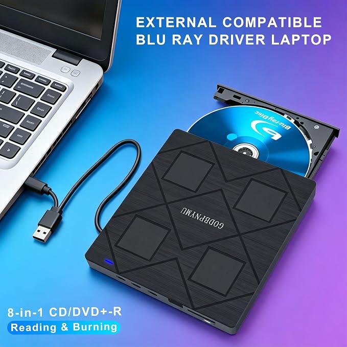 8-in-1 External Blu-ray Drive, USB-C Hub & Card Reader for Laptop | Win11/10/8/7/Mac OS.compatible · 2 USB + USB-C ports,TF/SD Card Reader, · 1+4 storage bags included