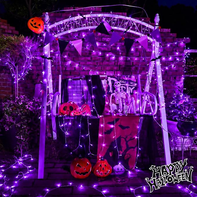 YEGUO 66ft 200 LED Halloween Lights Outdoor Waterproof, Purple String Lights Indoor Plug in, 8 Modes Clear Wire Purple Lights for Halloween Holiday Home Tree Garden Patio Decor