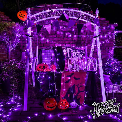 YEGUO 66ft 200 LED Halloween Lights Outdoor Waterproof, Purple String Lights Indoor Plug in, 8 Modes Clear Wire Purple Lights for Halloween Holiday Home Tree Garden Patio Decor