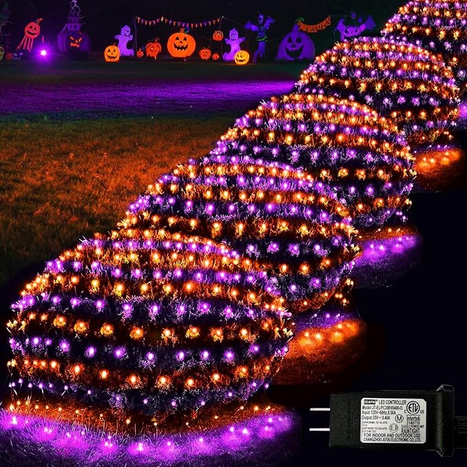 Pooqla Orange and Purple Halloween Net Lights Outdoor, 28x 5ft Clear Wire | 510 LED Large Net Mesh Lights Plug in, 8 Modes Waterproof Connectable Bushes Lights for Halloween Hedge Yard Decor